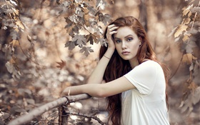 棕色的頭髮的女孩在秋天，樹，籬笆