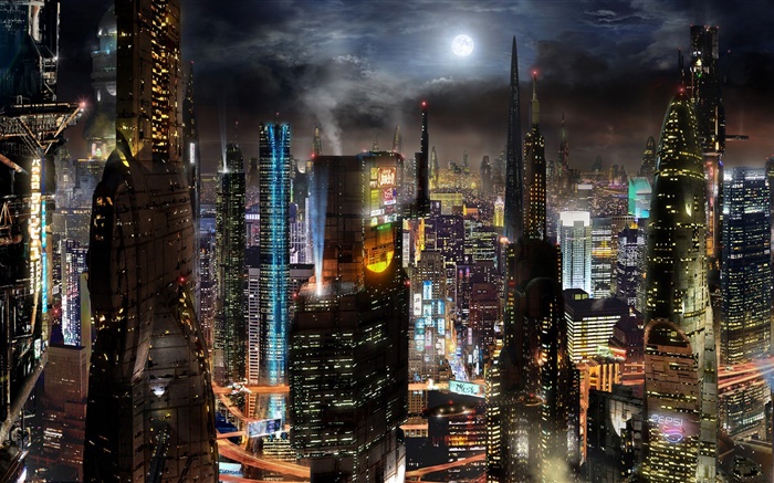 未來的城市，摩天大樓，建築物，路，夜，科幻創意設計 桌布 圖片