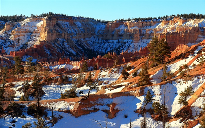 冬天自然風景，雪，紅色岩石 桌布 圖片