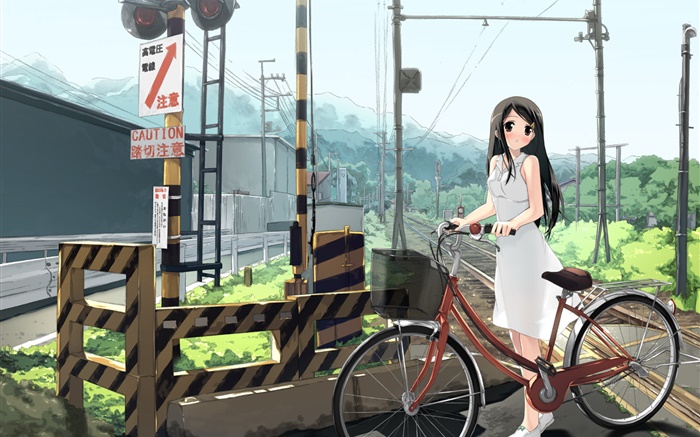 動漫女孩，鐵路，自行車，電源線 桌布 圖片