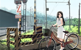 動漫女孩，鐵路，自行車，電源線 高清桌布