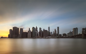 曼哈頓，黃昏的城市，水反射，美國 高清桌布