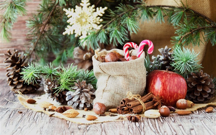 聖誕快樂，袋子，糖果，蘋果，堅果 桌布 圖片
