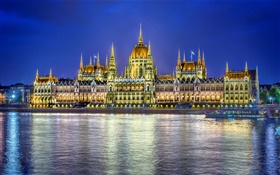 議會大廈，水反射，光，布達佩斯，匈牙利 高清桌布