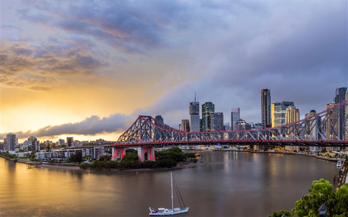 昆士蘭，唐人街，澳大利亞，河，橋，黎明，建築物 桌布 圖片