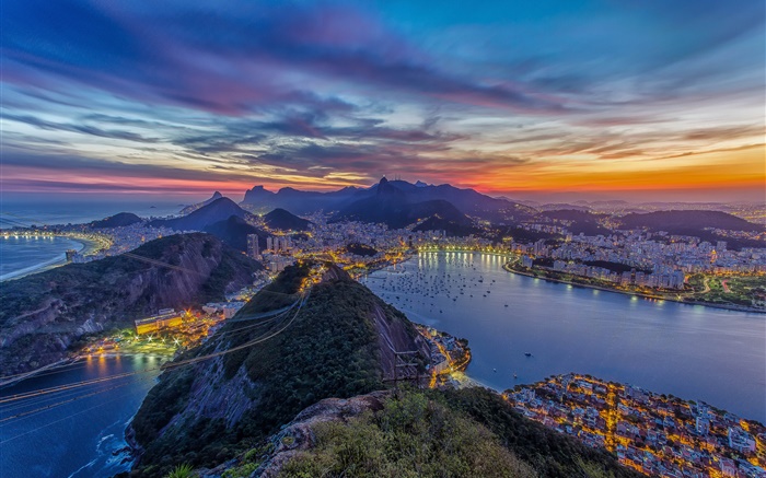 里約熱內盧，纜車，山，城市，海岸，夜，燈 桌布 圖片