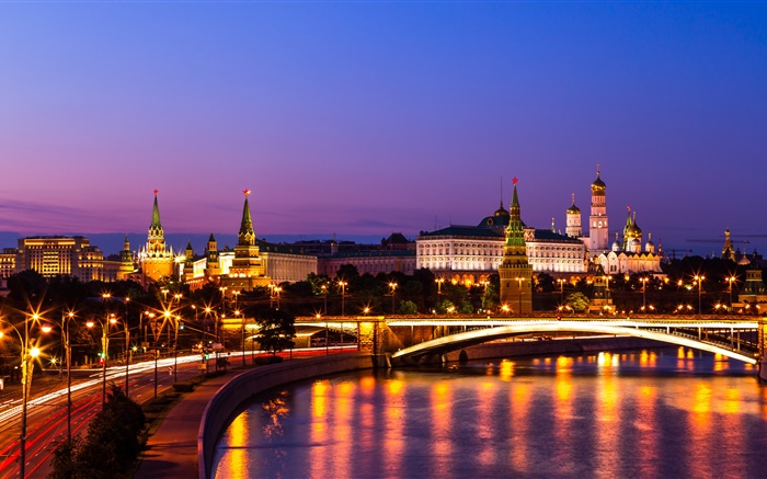 克里姆林宮，俄羅斯，莫斯科，夜晚的城市，河，燈 桌布 圖片