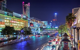 曼谷，泰國，城市夜，路，房子，燈 高清桌布