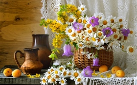 房間裝飾，野花，洋甘菊，杏子 高清桌布