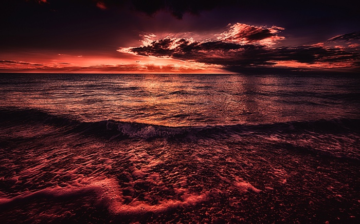 海，日落，晚上，紅色風格 桌布 圖片