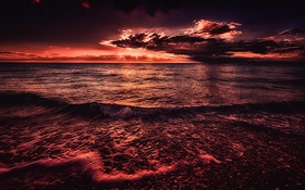 海，日落，晚上，紅色風格 高清桌布