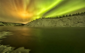 阿拉斯加，北極光，湖，雪，冬天 高清桌布