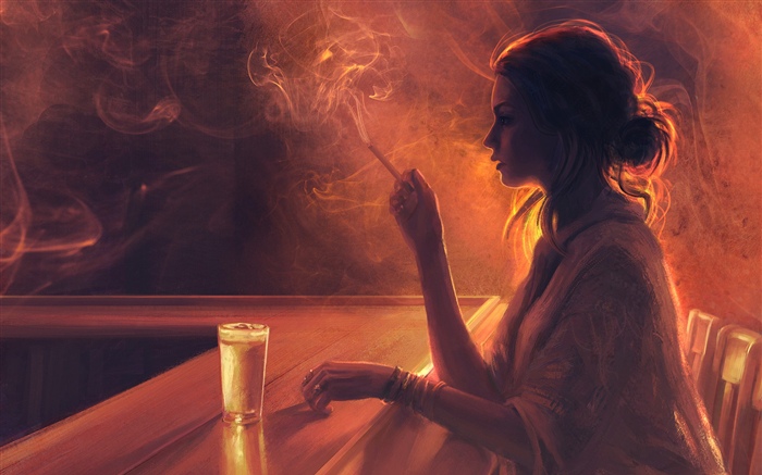 酒吧的女孩，香煙，煙 桌布 圖片