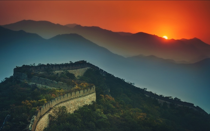 長城，山脈，日落，黃昏 桌布 圖片