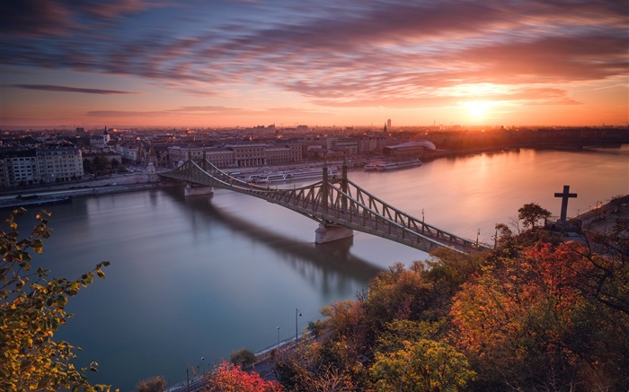 布達佩斯，匈牙利，河，橋樑，日落 桌布 圖片