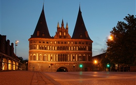 德國，荷爾斯登，呂貝克，城堡，夜晚，燈光 高清桌布