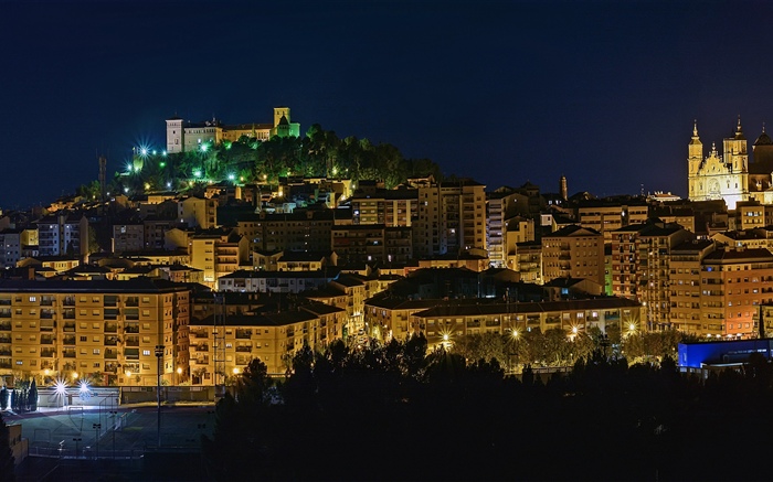 西班牙，阿拉貢，燈，夜，城市，建築物 桌布 圖片