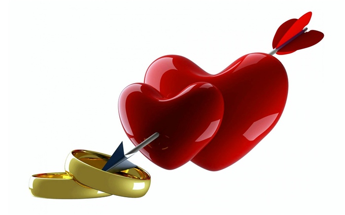 兩個紅色的愛心，箭頭，戒指 桌布 圖片