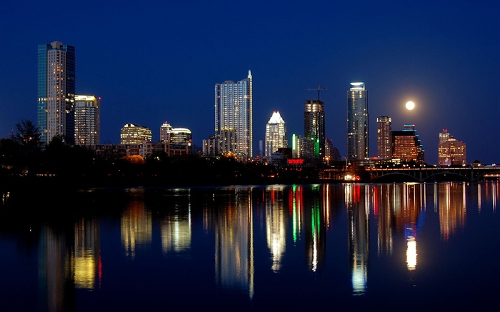 奧斯汀，美國，城市夜晚，摩天大樓，燈光，河流，月亮 桌布 圖片