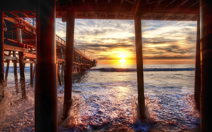 海灘, 海, 碼頭, 日落, 加利福尼亞州, 美國 桌布 圖片