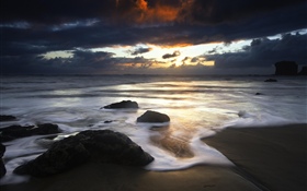 海灘, 石頭, 海, 雲, 日落 高清桌布