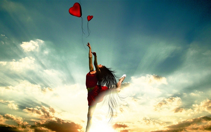 跳舞的女孩，紅色的裙子，愛的心，雲，太陽光線 桌布 圖片