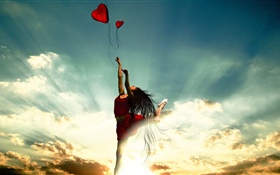 跳舞的女孩，紅色的裙子，愛的心，雲，太陽光線