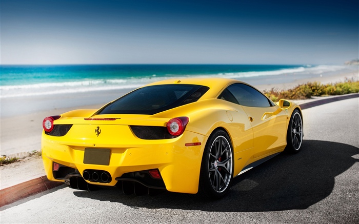 法拉利黃色汽車，海，海灘 桌布 圖片