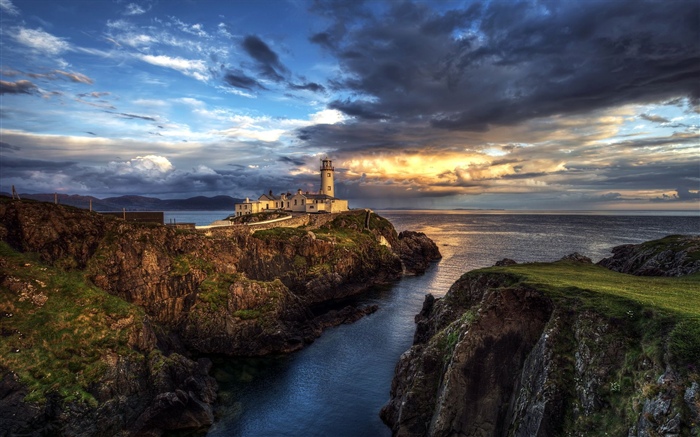 愛爾蘭, 燈塔, 海, 岩石, 日落 桌布 圖片