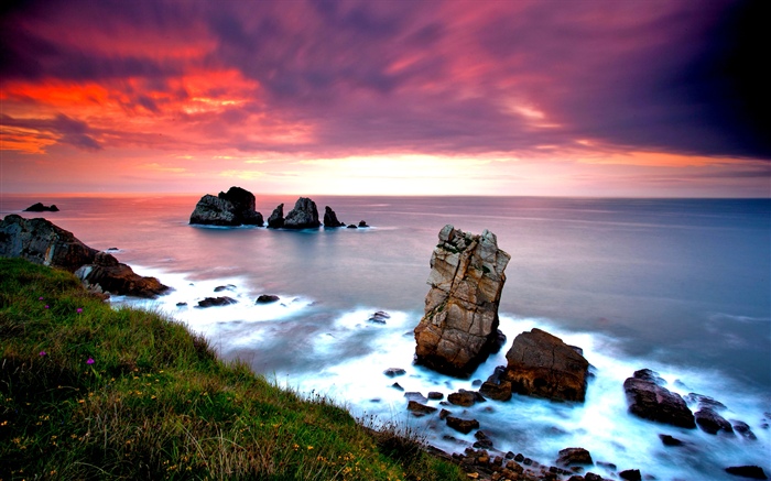 自然風景，海，岩石，日落 桌布 圖片