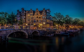 阿姆斯特丹，荷蘭，橋樑，河流，燈，夜晚 高清桌布