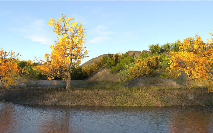 秋天，池塘，樹木，黃色葉子 桌布 圖片