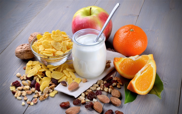 早餐，牛奶，蘋果，橙色，堅果 桌布 圖片