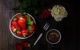 草莓，巧克力，花，刀 高清桌布
