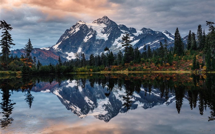 美國，舒克森山，湖，樹木，水反射 桌布 圖片