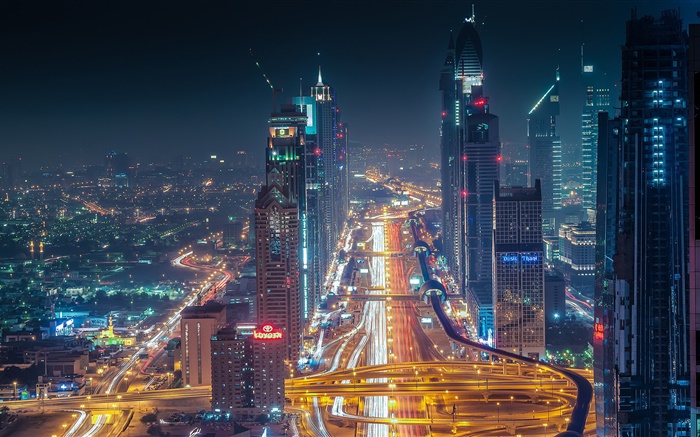 迪拜，摩天大樓，道路，燈光，夜晚 桌布 圖片