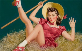 女孩，帽子，乾草，油畫 高清桌布