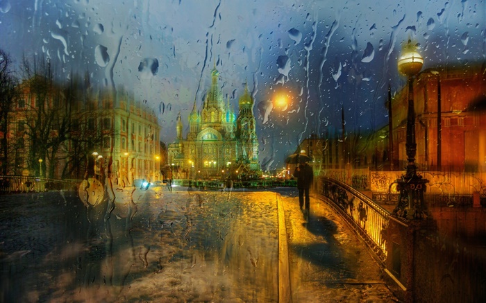 聖彼得堡，玻璃，水滴，雨，夜，城市 桌布 圖片
